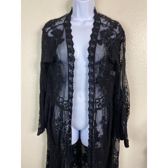 Hers & Mine Black Lace Kimono Long Cardigan Size M/L Sheer Mesh Grunge Gothic - Picture 5 of 15